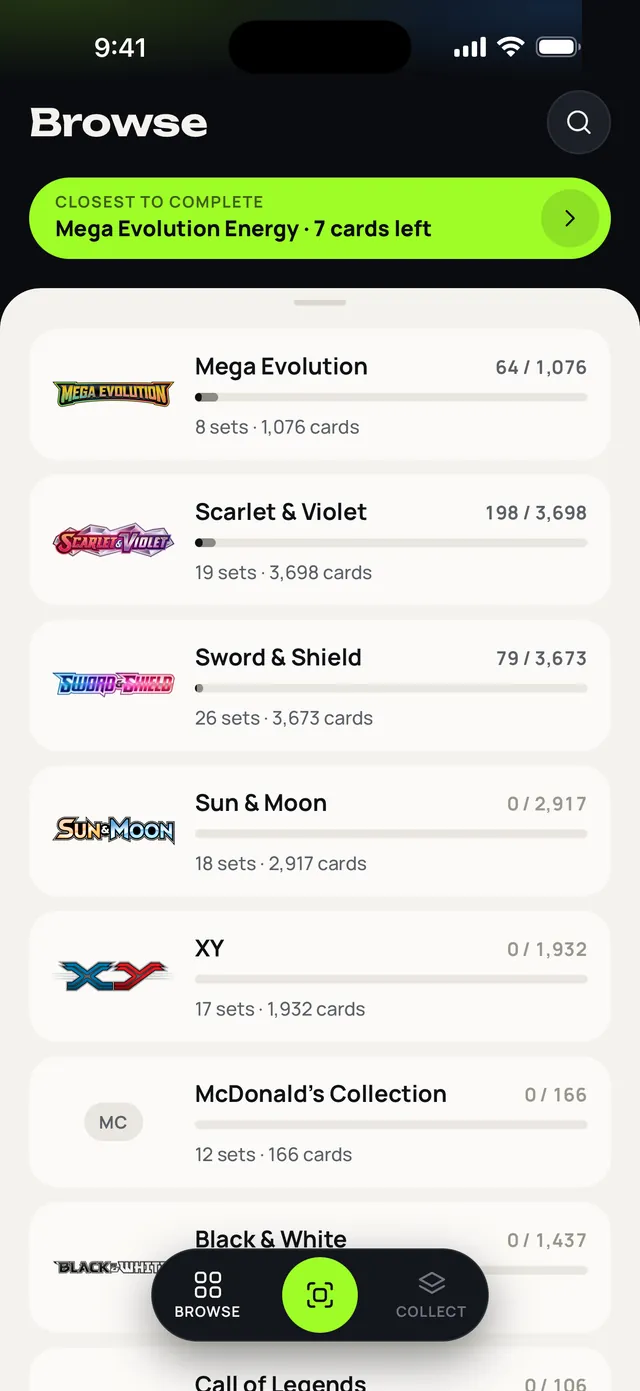 Binder's Browse screen: a lime 'Closest to complete' banner — Mega Evolution Energy, 7 cards left — above a paper sheet listing every series with its logo, how many sets and cards it holds, and an owned-of-total count with a progress bar.