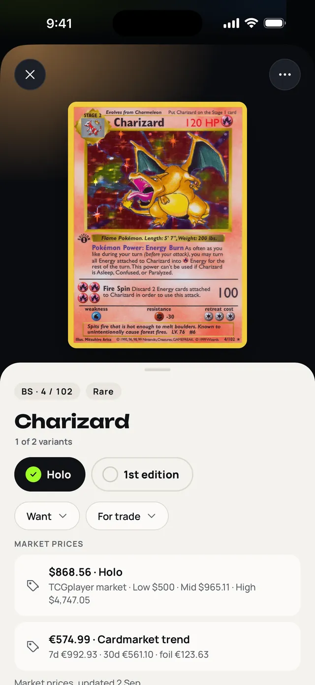 A Base Set Charizard in Binder: the card large over the dark shell, then a paper sheet with BS · 4/102, Rare, Holo and 1st edition variant pills, Want and For trade buttons, and market prices — the Holo on TCGplayer with its low, mid and high, and the Cardmarket trend in euros — dated to the last refresh.